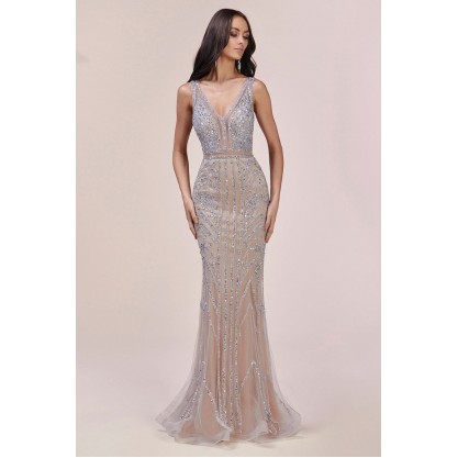 Silverine Beaded V-Neck Gown by Andrea and Leo -A0603