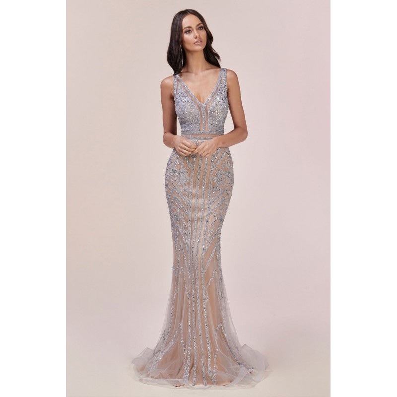 Silverine Beaded V-Neck Gown by Andrea and Leo -A0603