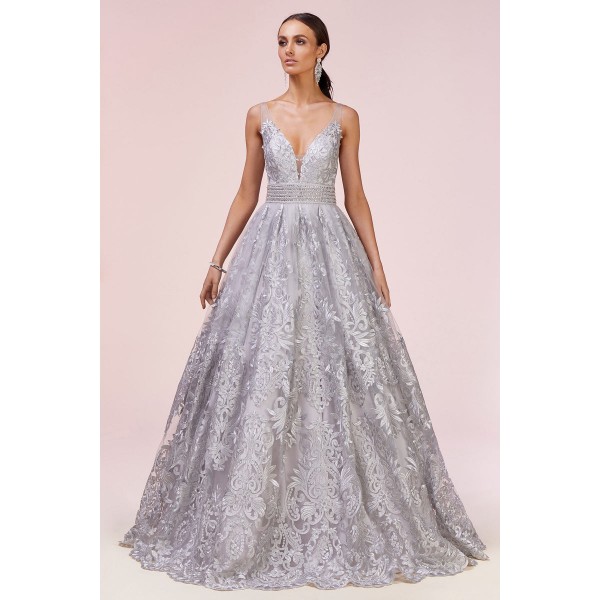 Elegant Petersburg Lace V-Neck Ballgown With A Beaded Waistline by Andrea and Leo -A0620