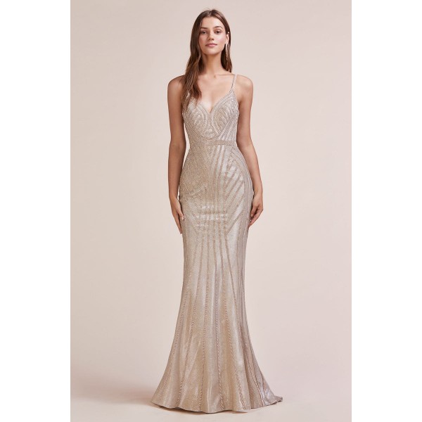 Starlight Metallic Jacquard Strap Gown by Andrea and Leo -A0646