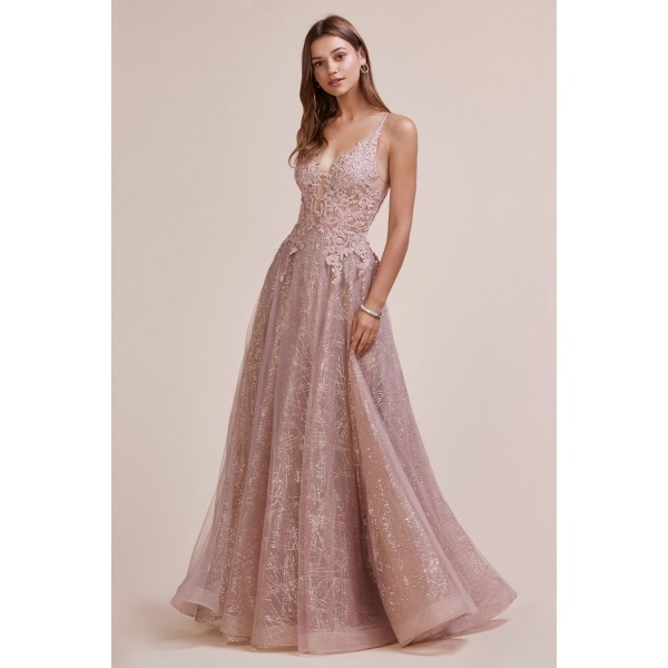 Lace V-Neckline With A Glitter Skirt And A Horsehair Hem by Andrea and Leo -A0681