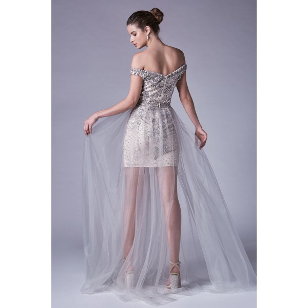 Beaded Off The Shoulder Sheath Gown With A Gathered Tulle Overlay by Andrea and Leo -A0685