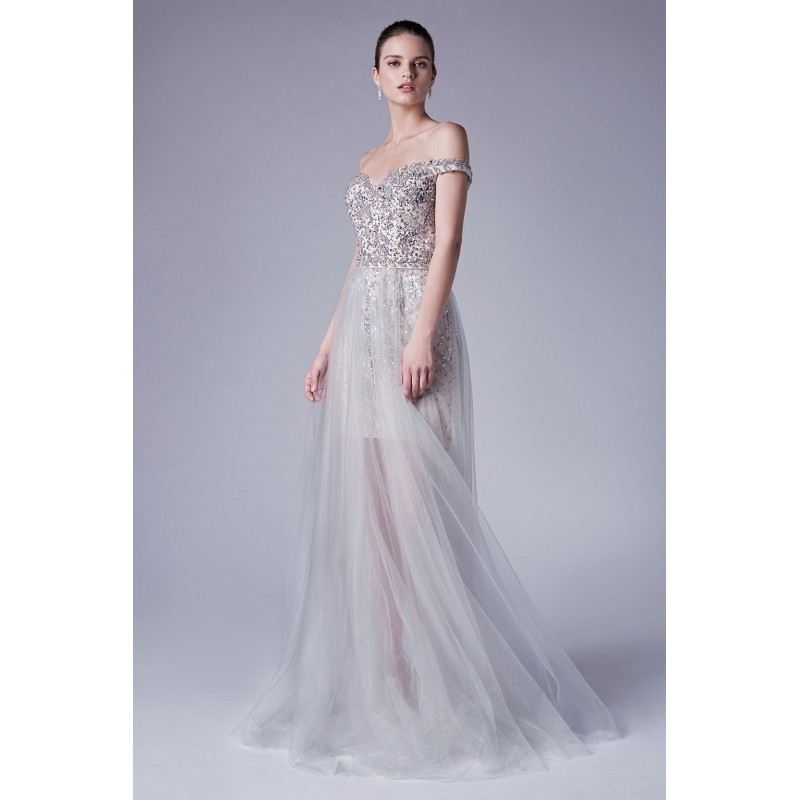 Beaded Off The Shoulder Sheath Gown With A Gathered Tulle Overlay by Andrea and Leo -A0685