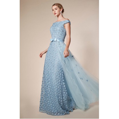 Off The Shoulder Floral Lace Sheath Gown With A Detachable Tulle Skirt by Andrea and Leo -6510