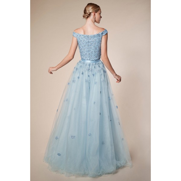 Off The Shoulder Floral Lace Sheath Gown With A Detachable Tulle Skirt by Andrea and Leo -6510