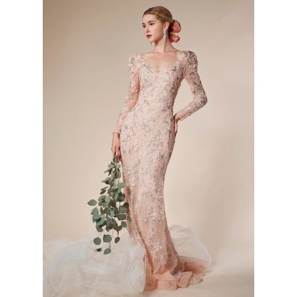 Elegant But Modern Beaded Long Sleeve Sheath Gown by Andrea and Leo -6475
