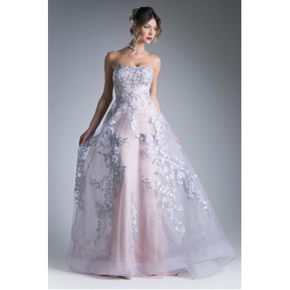 Strapless Floral Embroidered A-Line Gown With A Horsehair Hem by Andrea and Leo -7055