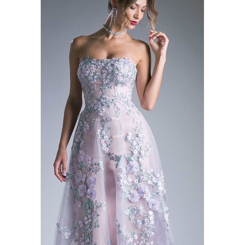 Strapless Floral Embroidered A-Line Gown With A Horsehair Hem by Andrea and Leo -7055