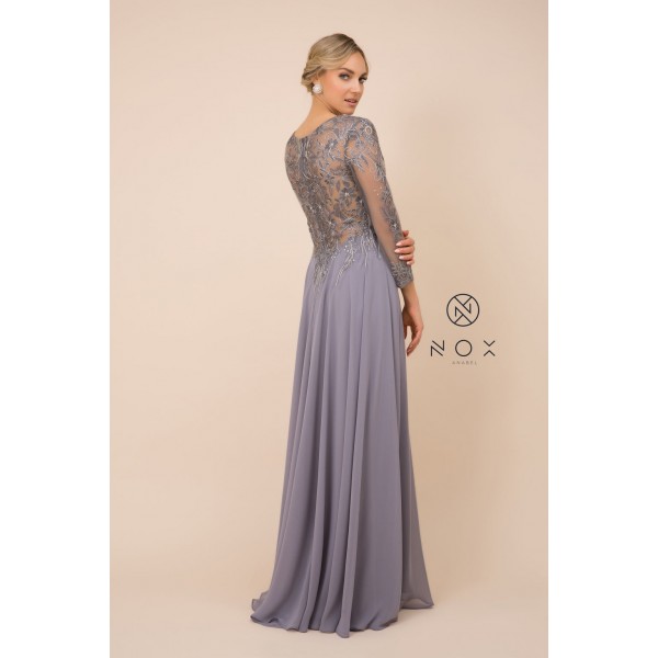 3/4th Sleeve Chiffon Gown With Floor Length Skirt by Nox Anabel -H529