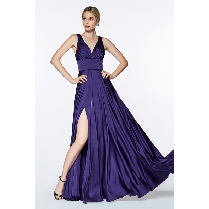 Satin Flowy A-Line Dress With Leg Slit, Open Back And V-Neckline_01 by Cinderella Divine -7469