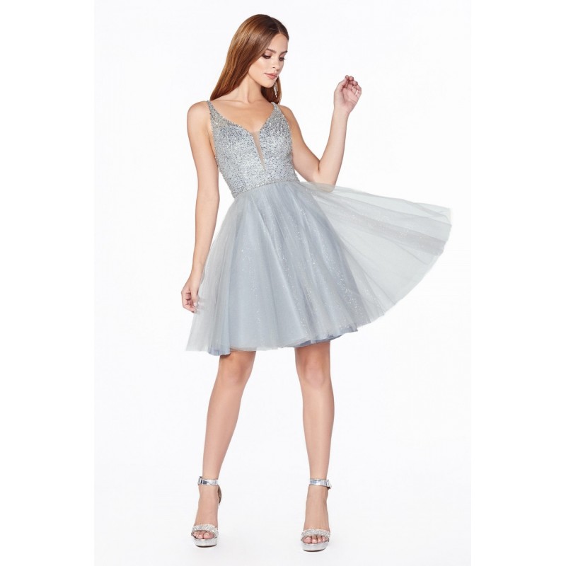 A-Line Short Dress With Embellished Top And Glitter Tulle Skirt by Cinderella Divine -CD0149