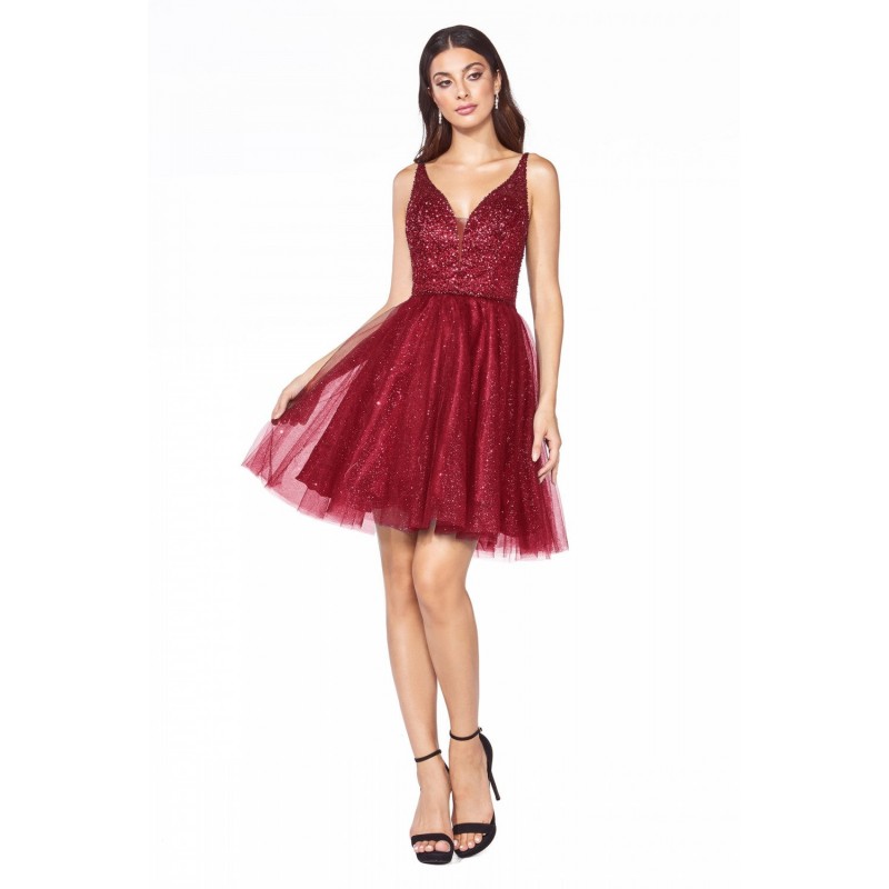 A-Line Short Dress With Embellished Top And Glitter Tulle Skirt by Cinderella Divine -CD0149