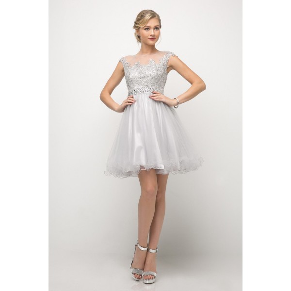 Beaded Lace Bodice Tulle Short Cap Sleeve Dress by Cinderella Divine -UJ0012