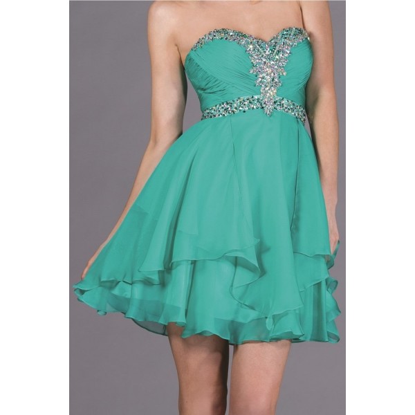 Strapless Short Dress With Pleated Beaded Bodice And Layered A-Line Skirt by Cinderella Divine -JC889