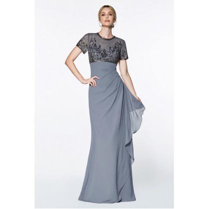A-Line Wrap Dress With Short Sleeves And Embellished Empire Bodice by Cinderella Divine -J0295