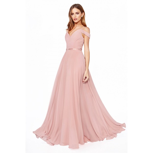 Off The Shoulder Chiffon Gown With Corset Back And Satin Belt by Cinderella Divine -CD0156