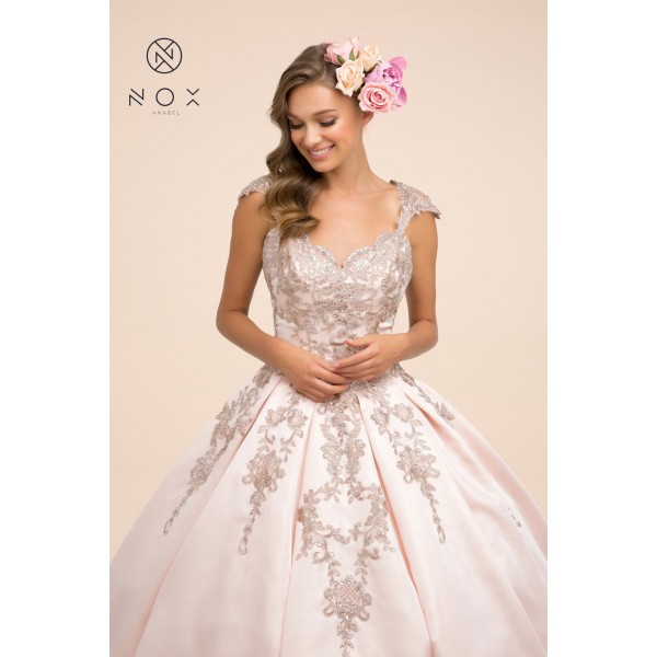 Embroidered Cap Sleeve Ball Gown By Nox Anabel -U801P