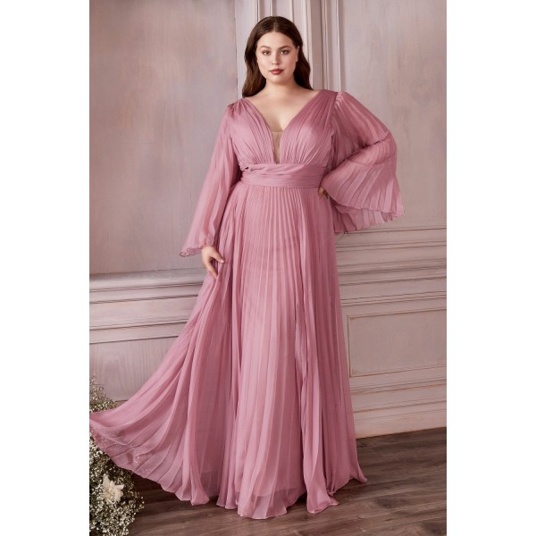 Plus Size Pleated Bell Sleeve Gown By Cinderella Divine -CD242C