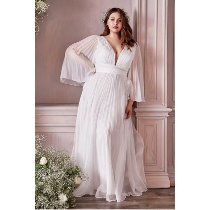 Curve White Pleated Bell Sleeve Gown By Cinderella Divine -CD242WC