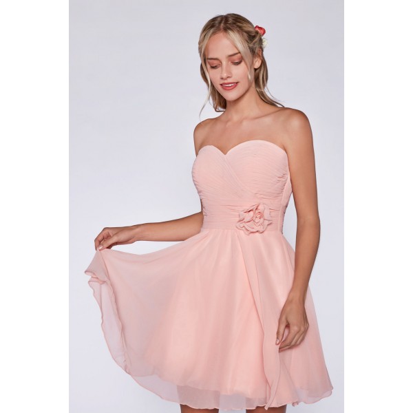 Stapless Short Chiffon A-Line Gown With Gathered Sweetheart Neckline And Flower Detail  by Cinderella Divine -CJ216S