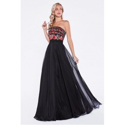 Strapless A-Line Floral Gown With Beaded Details And Chiffon Skirt by Cinderella Divine -CA311