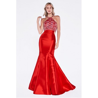 Fitted Mermaid Mikado Gown With Beaded Halter Neckline And Waist Cut Out by Cinderella Divine -61894