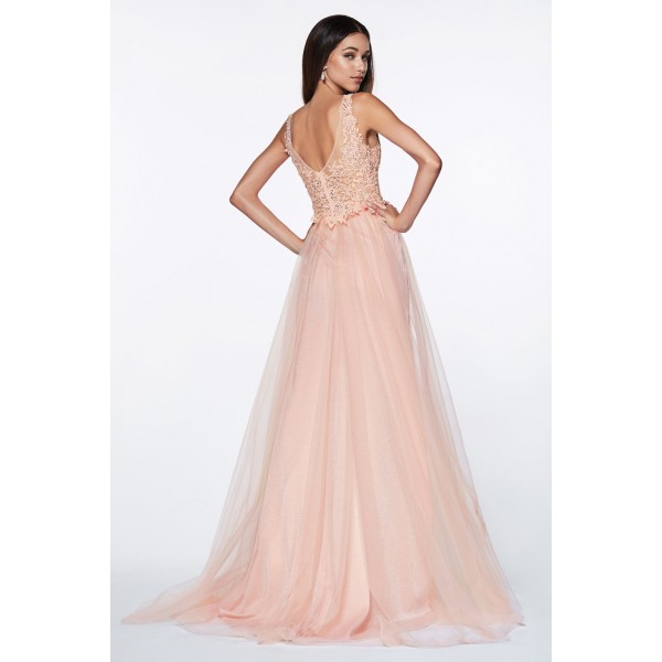 A-Line Tulle Gown With Jeweled Lace Bodice And Leg Slit by Cinderella Divine -KV1040