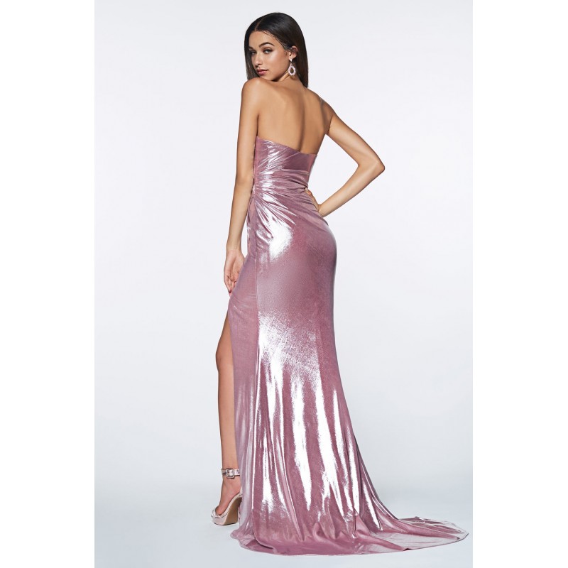 Strapless Fitted Gown With Shiny Metallic Fabric And Leg Slit by Cinderella Divine -KV1036