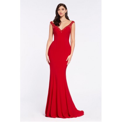 Off The Shoulder Gown With Beaded Neckline Trim And Keyhole Open Back by Cinderella Divine -RV712