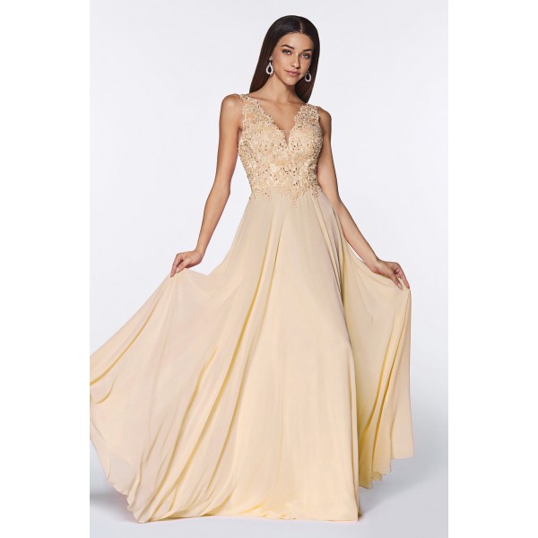 A-Line Chiffon Gown With V-Neckline And Jeweled Lace Bodice by Cinderella Divine -UJ0123