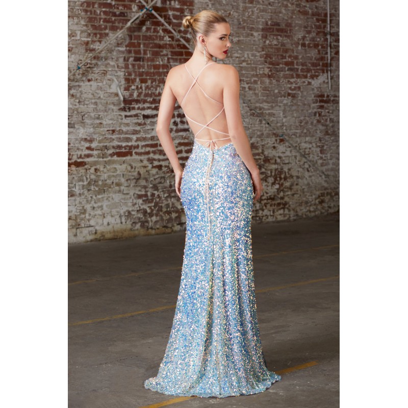 Fitted Sequin Gown With Open Lace Up Back And Leg Slit by Cinderella Divine -CD175