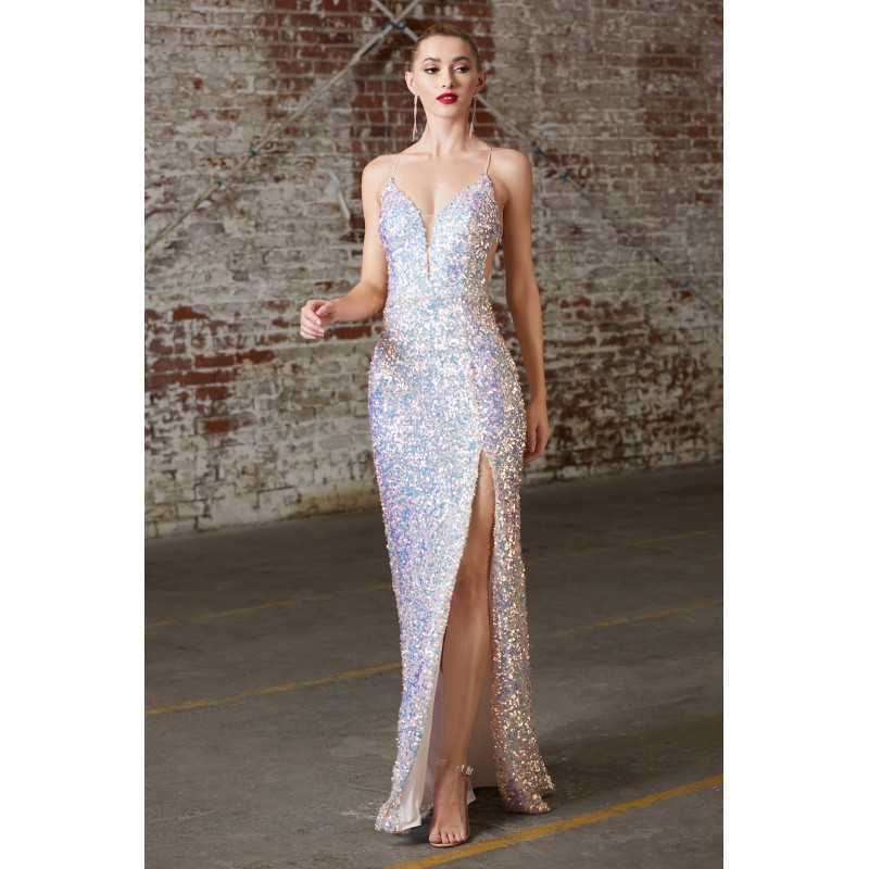 Fitted Sequin Gown With Open Lace Up Back And Leg Slit by Cinderella Divine -CD175