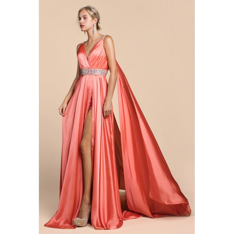 Satin A-Line Gown With Cape Sleeve, High Slit And Underskirt by Cinderella Divine -A0065