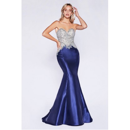 Strapless Mermaid Fitted Gown With Beaded Bodice And Mikado Fabric by Cinderella Divine -84099