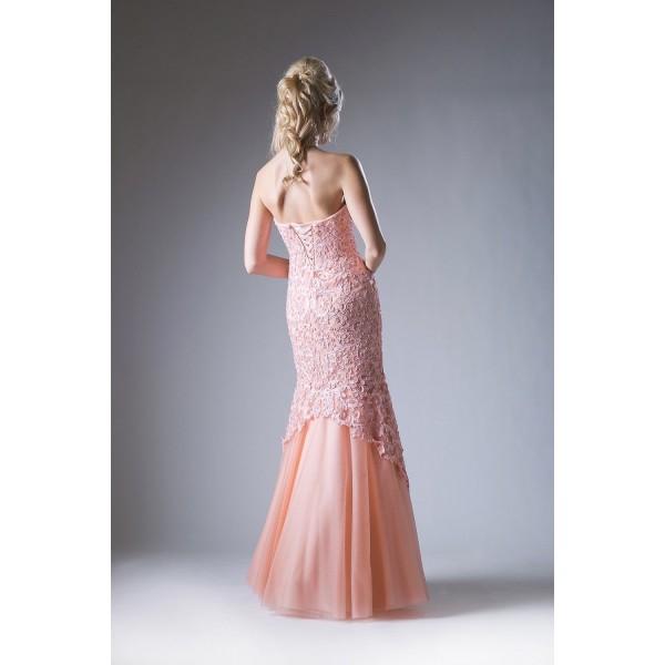 Strapless Fitted Mermaid Gown With Beaded Lace Detail And Tulle Skirt by Cinderella Divine -KC1701