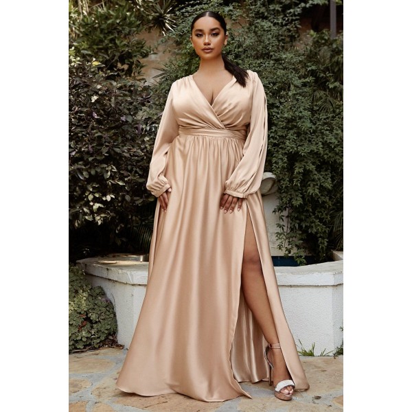 Curve Satin Long Sleeve Gown by Cinderella Divine -7475C