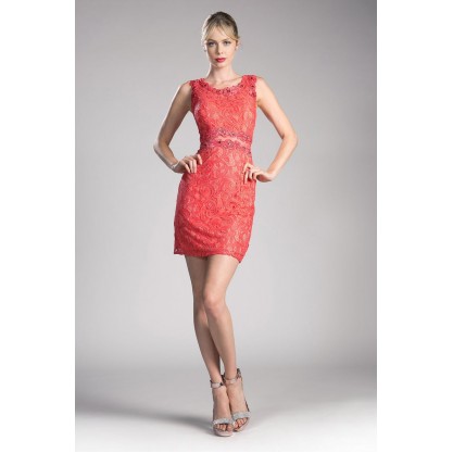 Fitted Lace Cocktail Dress With Illusion Waist Cut Out And High Neckline. by Cinderella Divine -CF067S