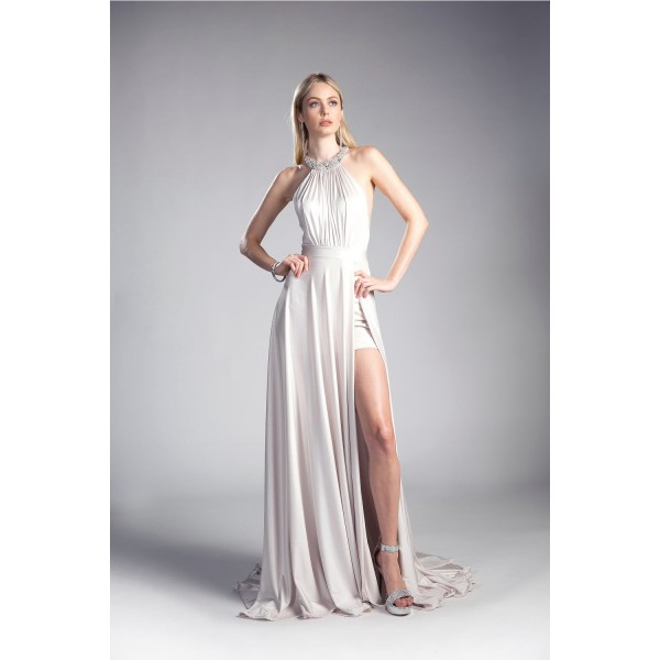 A-Line Knit Dress With Beaded Halter Neckline And Slit by Cinderella Divine -CE0008