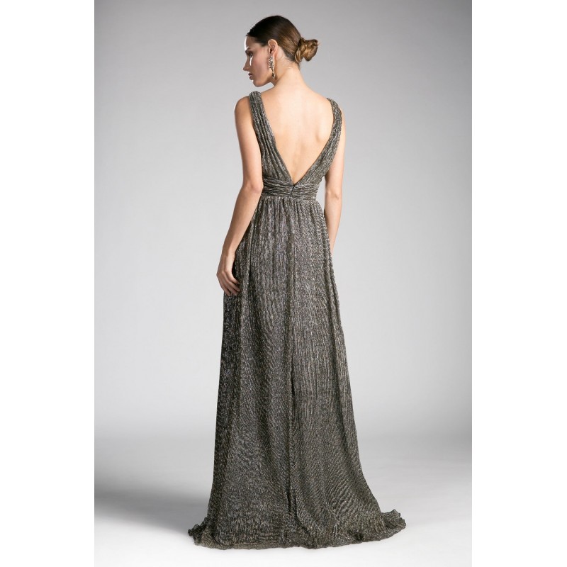 A-Line Metallic Knit Gown With Gathered Waistband And Open Back by Cinderella Divine -8276