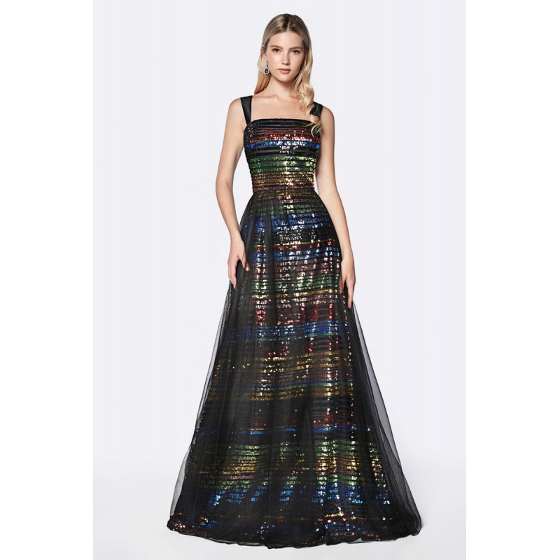A-Line Gown With Multicolor Sequin Stripes And Black Tulle Overskirt by Cinderella Divine -CS032