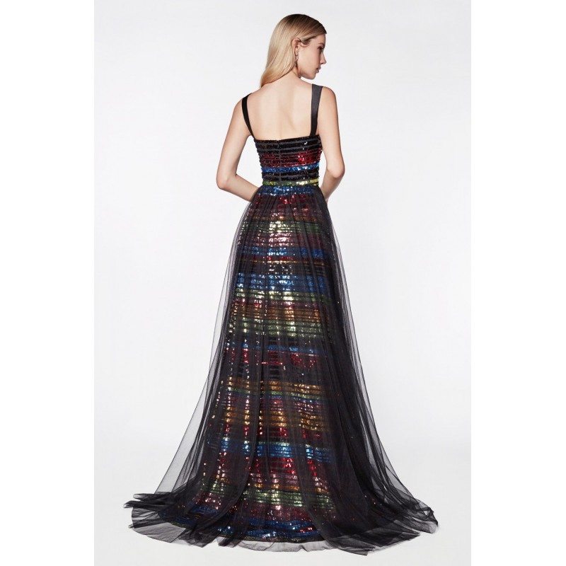 A-Line Gown With Multicolor Sequin Stripes And Black Tulle Overskirt by Cinderella Divine -CS032