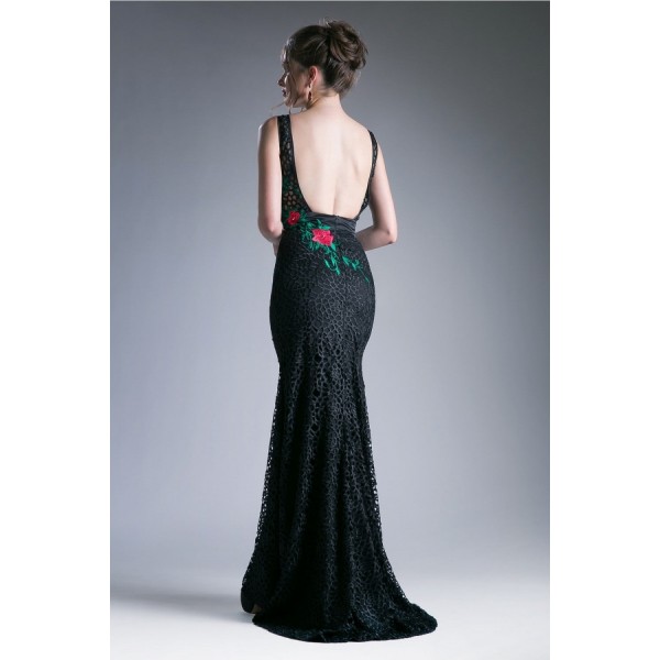 Fitted Gown With Rose Applique And Open Back by Cinderella Divine -CA315