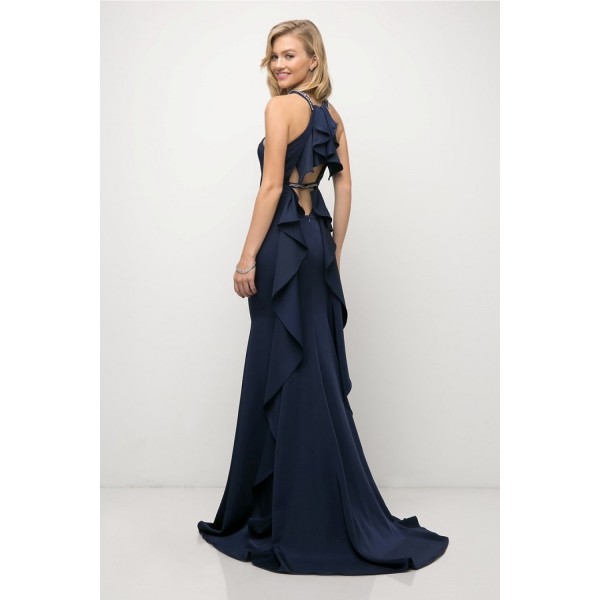Fitted Dress With Beaded Halter And Ruffle Back by Cinderella Divine -71484