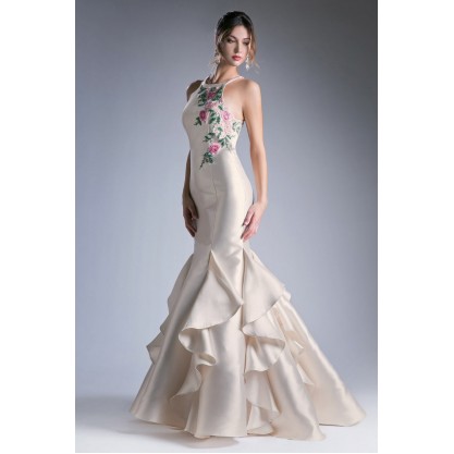 Fitted Mikado Mermaid Dress With Embroidered Flowers And Keyhole Back Opening by Cinderella Divine -83830