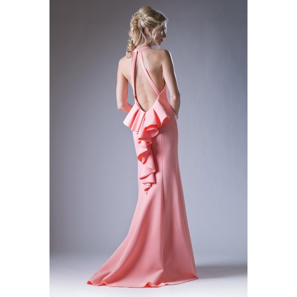 Fitted Gown With Halter Neckline, Open Back And Ruffle Back Detail by Cinderella Divine -11661