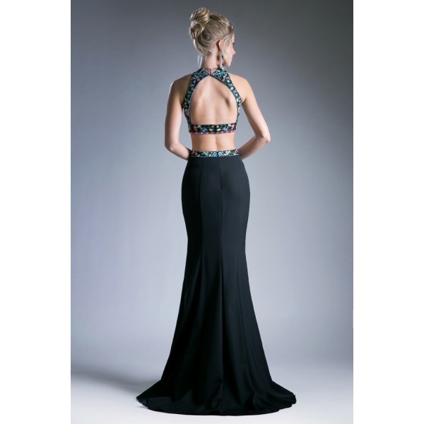 Two Piece Floral Embroidered Gown With Beading Detail And Keyhole Back by Cinderella Divine -C80312