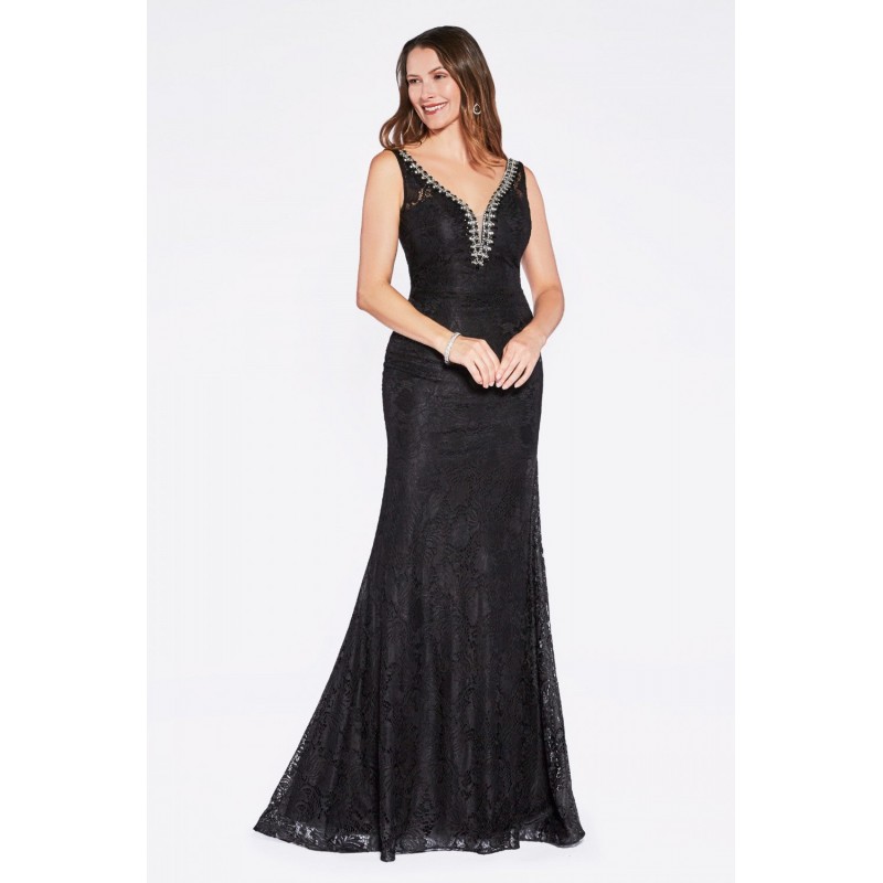 Bell Sleeve Cold Shoulder Lace Sheath Gown With Beaded Accents On Deep V-Neckline And Open Back by Cinderella Divine -P206