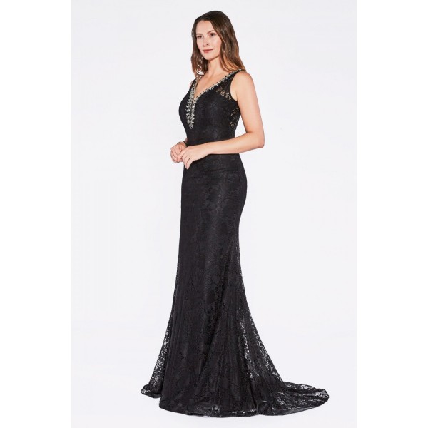 Bell Sleeve Cold Shoulder Lace Sheath Gown With Beaded Accents On Deep V-Neckline And Open Back by Cinderella Divine -P206