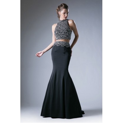 Two Piece Fitted Dress With Halter Beaded Top And Mikado Beaded Mermaid Skirt by Cinderella Divine -11574