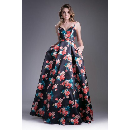 Mikado Ball Gown With Floral Print And Pockets by Cinderella Divine -13103